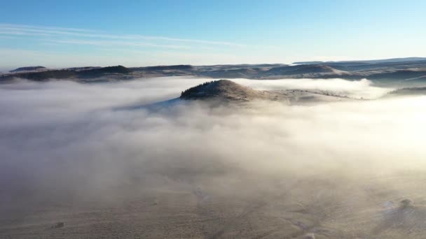 霧深い冬の朝に丘の上を飛んでいます ドローンによる空中風景 — ストック動画