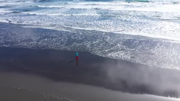 Epische Luftaufnahme Einer Reisenden Die Sich Der Atlantikküste Entspannt Meereswellen — Stockvideo