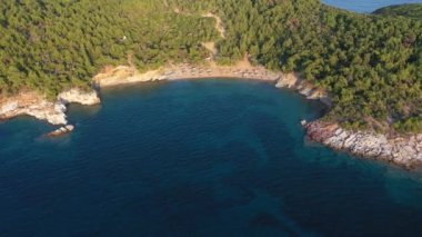 Plaj şemsiyeleri ve güneşlik hava manzarası kıyı şeridindeki Akdeniz ormanı. Thassos Adası, Yunanistan