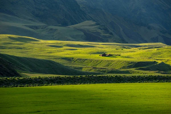 Maravilhosa Paisagem Islandesa Prados Natureza Nas Montanhas Nas Luzes Final — Fotografia de Stock