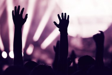 Bir müzik konseri seyircisi ellerini kaldırıyor, imajını düzeltiyor.