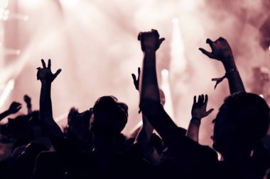 Bir müzik konseri seyircisi ellerini kaldırıyor, imajını düzeltiyor.