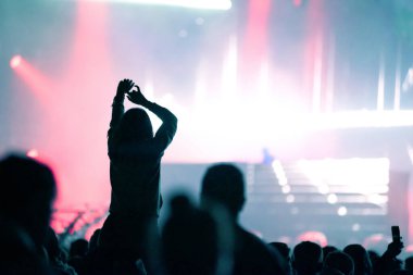 Konserde kollarını açarak kalabalığın gölgesinin arkasına bak. Yaz müzik festivali konsepti