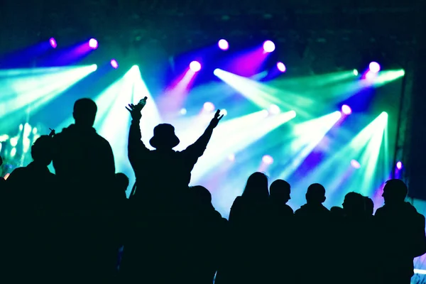 Silhouette Hands Concert Front Bright Stage Lights — Stock Photo, Image