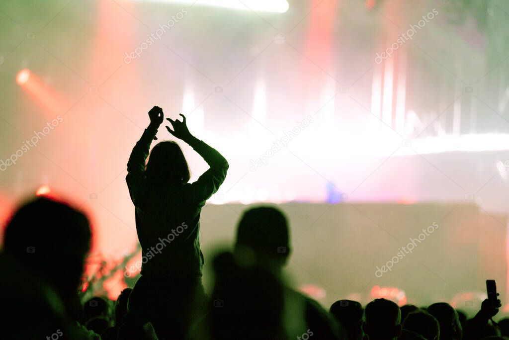 Rear view of silhouette of crowd with arms outstretched at concert. Summer music festival concept