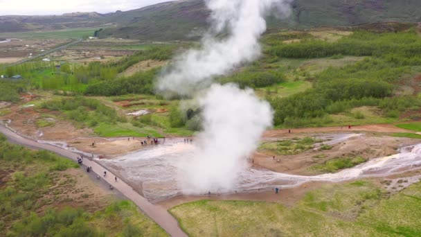 Flying Strokkur Geysir Eruption Water Iceland Aerial Drone View — Stock Video