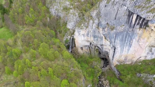 Flying Waterfall Big Cave Entrance Romania Aerial View Drone — Stockvideo