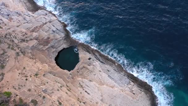 Aerial View Rocky Mediterranean Coastline Giola Natural Pool Lagoon Thassos — Vídeos de Stock