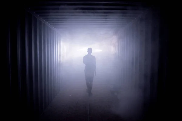 Silhouette Man Walking Dark Tunnel Light Light End Tunnel Concept — Photo