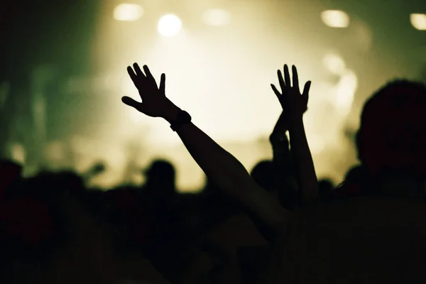 Crowd at a music concert with raising hands up, toned image