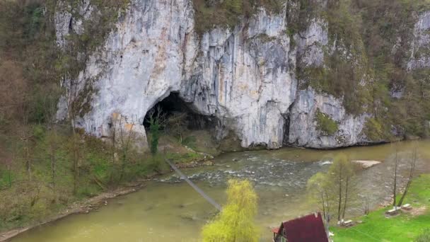 Aerial View Big Cave Entrance Wild Mountain River Drone Unguru — Stock Video