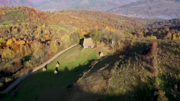 ルーマニア トランシルヴァニアの木造住宅 茅葺き屋根と未舗装道路と秋の田舎の山の風景の上に空中飛行 — ストック動画