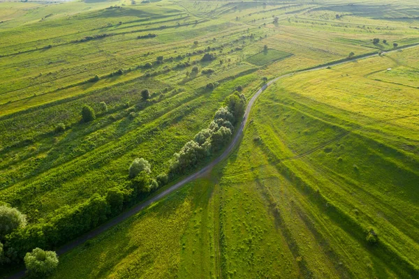 田舎の活気ある緑の丘の空中ビュー トランシルヴァニアルーマニアドローンの視点 — ストック写真