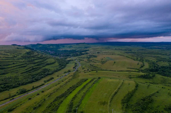 Aerial View Storm Clouds Village Road — Stock Photo, Image