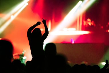 Konserde kollarını açarak kalabalığın gölgesinin arkasına bak. Yaz müzik festivali konsepti