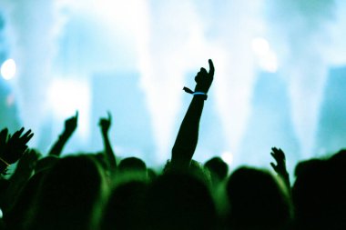 Konserde kollarını açarak kalabalığın gölgesinin arkasına bak. Yaz müzik festivali konsepti