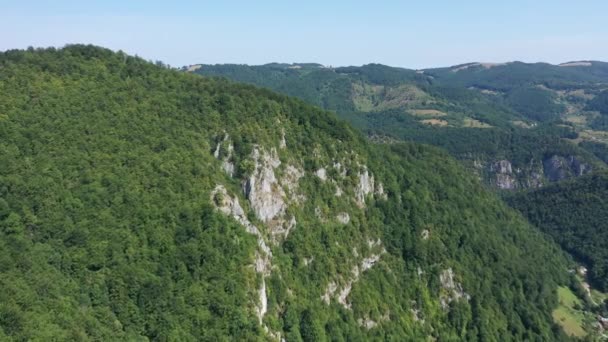 Terbang Atas Tebing Batu Kapur Dan Hutan Gugur Aerial Shot — Stok Video