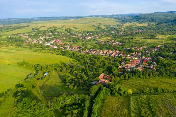 Flying Village Transylvania Aerial Drone View Manastireni Romania Drone — Stock Photo, Image