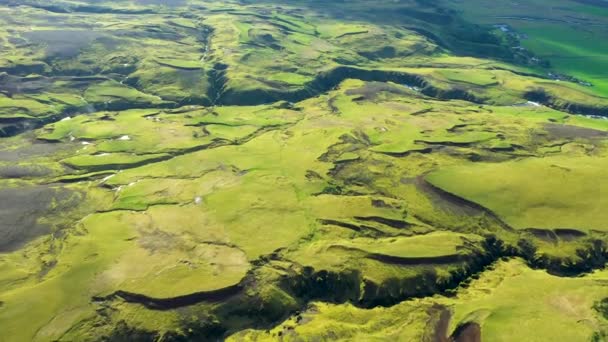 Aerial Flying Lava Flows Green Moss Eyjafjallajokull Volcano Iceland — Stock Video