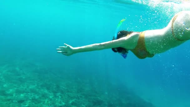 Mujer buceando en el mar - vista en cámara lenta bajo el agua — Vídeos de Stock