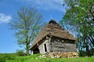 dağlarda thatched çatı ile ahşap kararlı