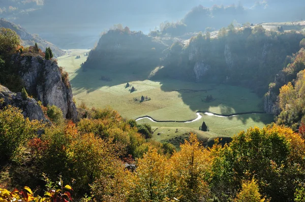 Autumn mountain landscape with a small meandering water stream — Stock Photo, Image