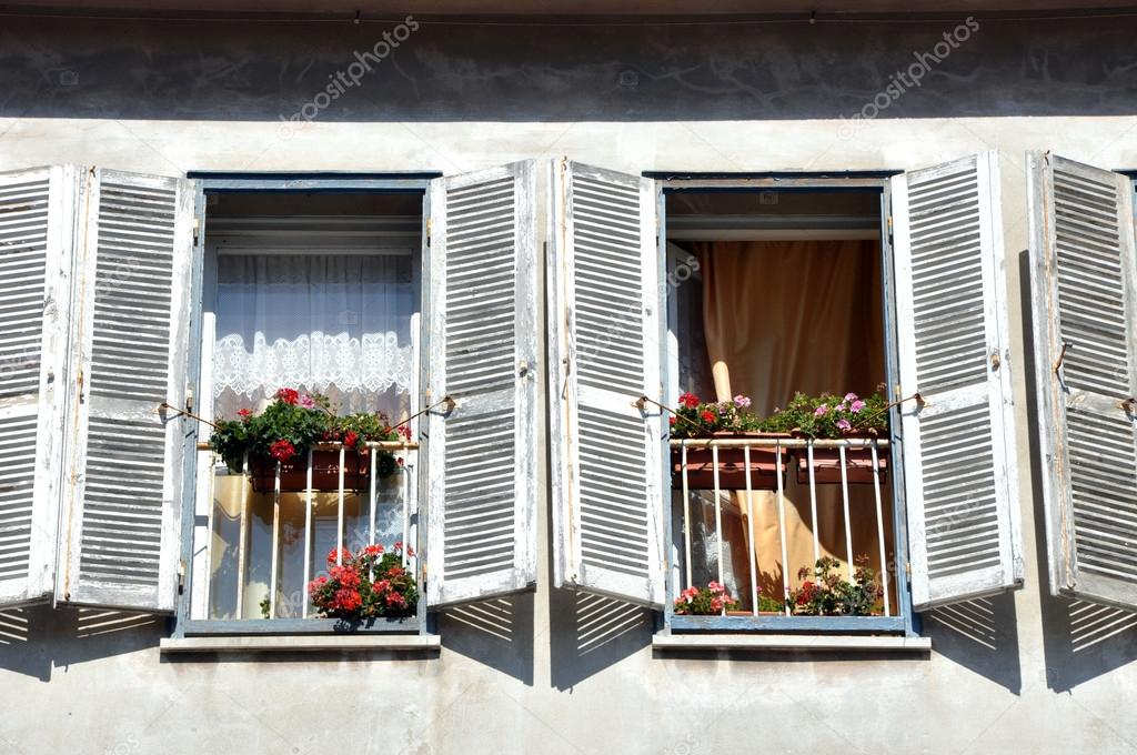 Beautiful window with flower box and shutters 