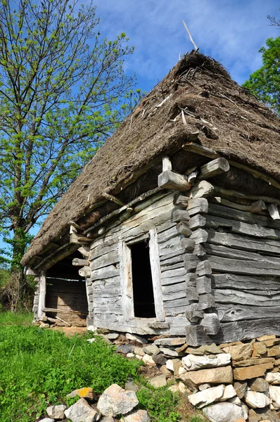 Thatched çatı ile geleneksel Romen ahşap ahır