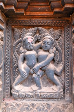Bir Hindu tapınağı Nepal erotik Ahşap oyma motif