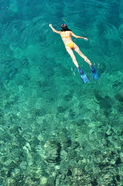 Mujer joven haciendo snorkel en el mar tropical —  Fotos de Stock