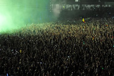 Crowd of people raising their hands at a concert