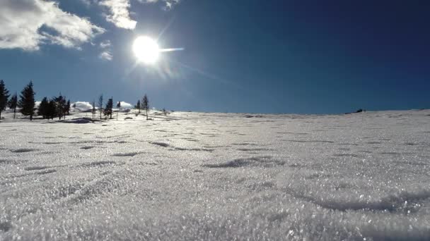 O movimento lento de um tipo transforma um salto mortal na neve. Tumbling homem se divertir na neve no inverno — Vídeo de Stock