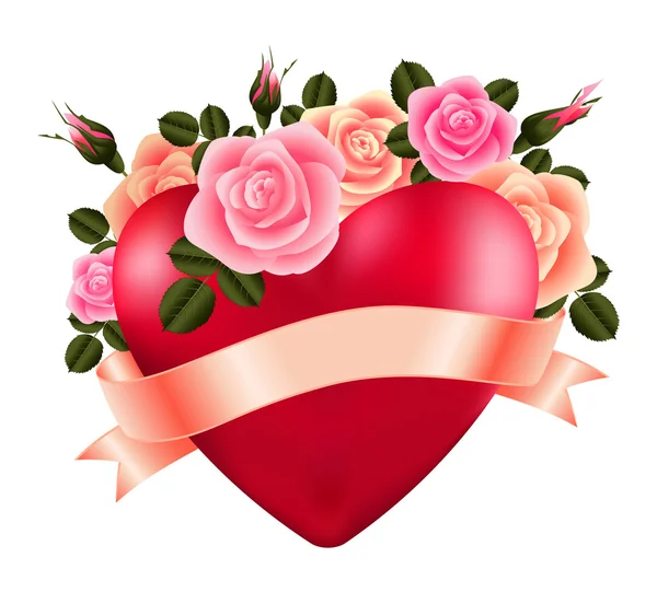 Cuore con rose e nastro — Vettoriale Stock