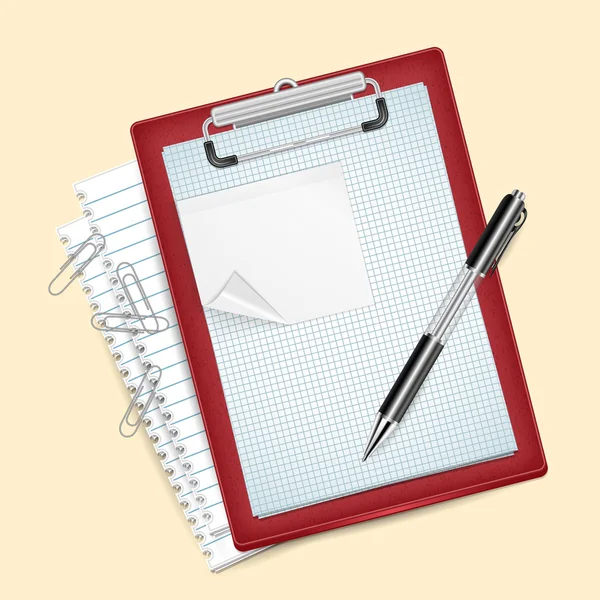 Klembord met pen en papier clips — Stockvector
