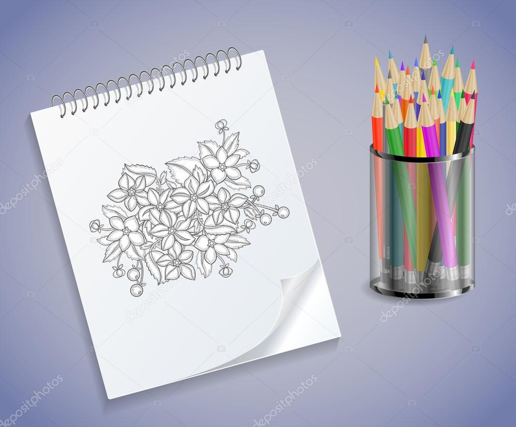 Illustrazione del taccuino a spirale con disegno floreale e matite colorate in titolare — Vettoriali di Angeliina