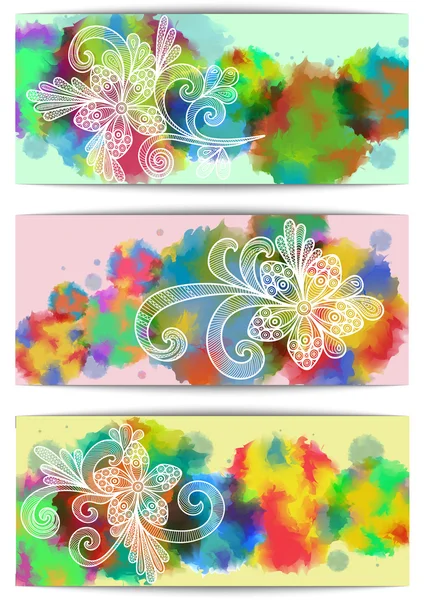 Banners with floral doodles and watercolor background — Stock Vector