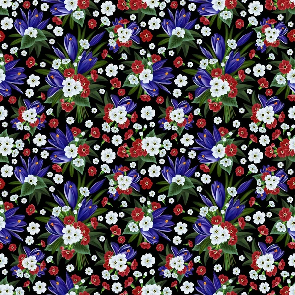 Illustration Motif Floral Avec Crocus Primevère Sur Fond Noir — Image vectorielle