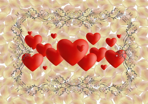 Coeurs avec cadre orné et pétales de rose — Image vectorielle