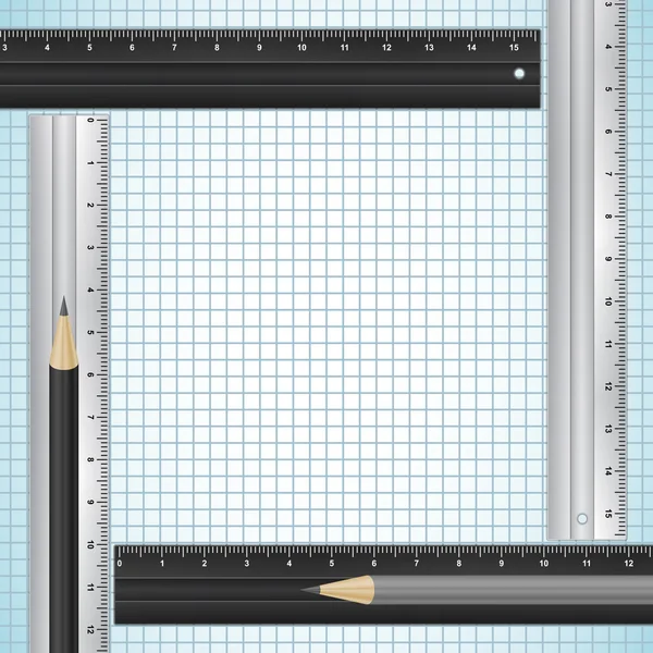 Kalemler ve ekose desenli kağıt üzerindeki cetvellere — Stok Vektör