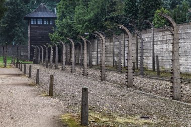 Gözetleme kulesi ve elektrikli çit Auschwitz'de