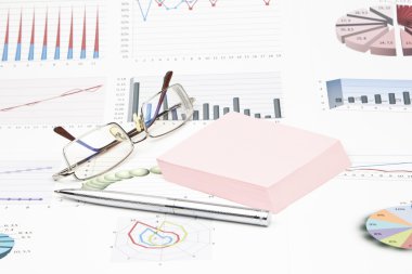 İş natürmort bir kalem, etiket, grafikler, gözlük