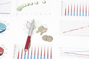 Bir kalem, diyagram, paralar, anahtar taşı iş natürmort