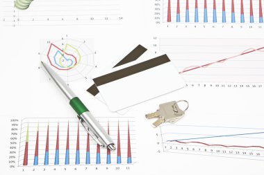 İş natürmort kalem, grafikler, tablolar, parlak anahtarları, kredi kartı