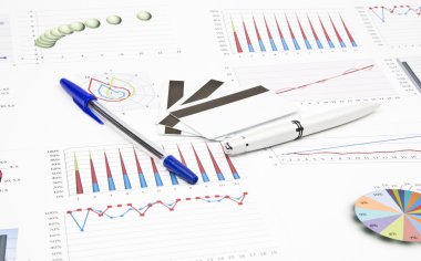 İş natürmort bir kredi kartı, iki kalem, grafikler