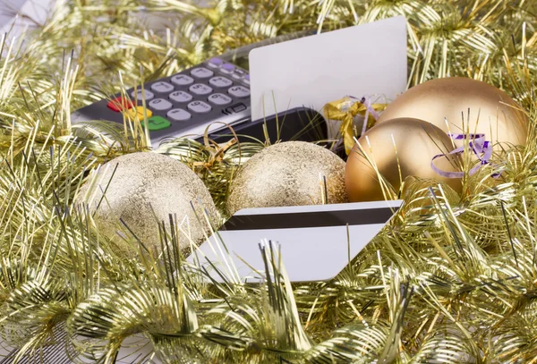 Boże Narodzenie biznes terminali płatniczych, kart kredytowych, kulki, blichtr — Zdjęcie stockowe