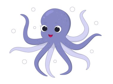Beyaz arka planda şirin mor bir ahtapot. Vektör, çizgi film biçimi.
