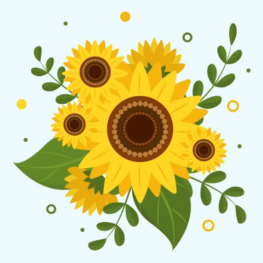 Ayçiçeği ve yapraklar beyaz arka planda izole çiçek aranjmanı. Vektör illüstrasyonu