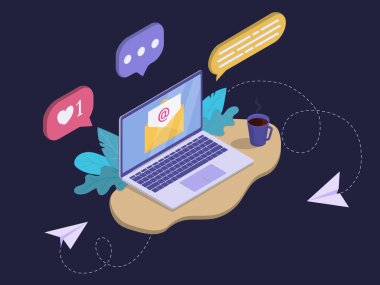 Düz izometrik 3d vektör çalışma alanı kavramı. Bir e-posta alıyorum. Laptop, kahve fincanı, bitkiler, koyu arkaplanda harfler..