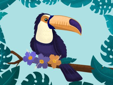 Tukan, çiçek ve yapraklardan oluşan parlak bir tropikal kuştur. Vektör illüstrasyonu.