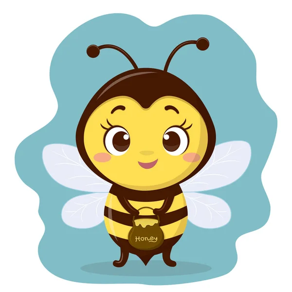 El lindo personaje de la abeja tiene una olla de miel. Estilo de dibujos animados, vector — Archivo Imágenes Vectoriales